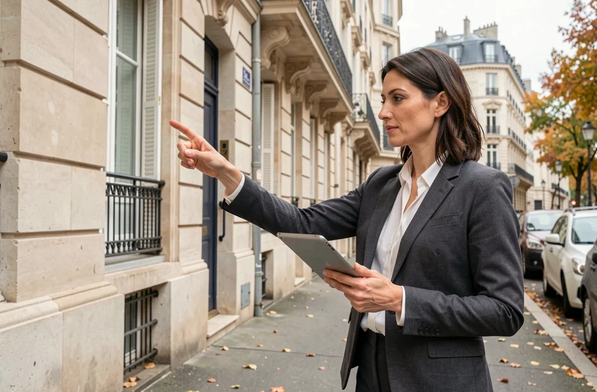 Propriétaire non occupant inspectant la facade de son immeuble locatif en ville
