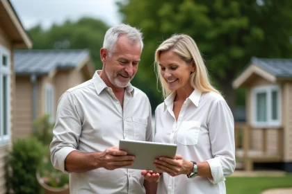 Couple de propriétaires consultant des documents sur leur mobil-home dans un camping en France, évoquant le statut LMNP en 2026