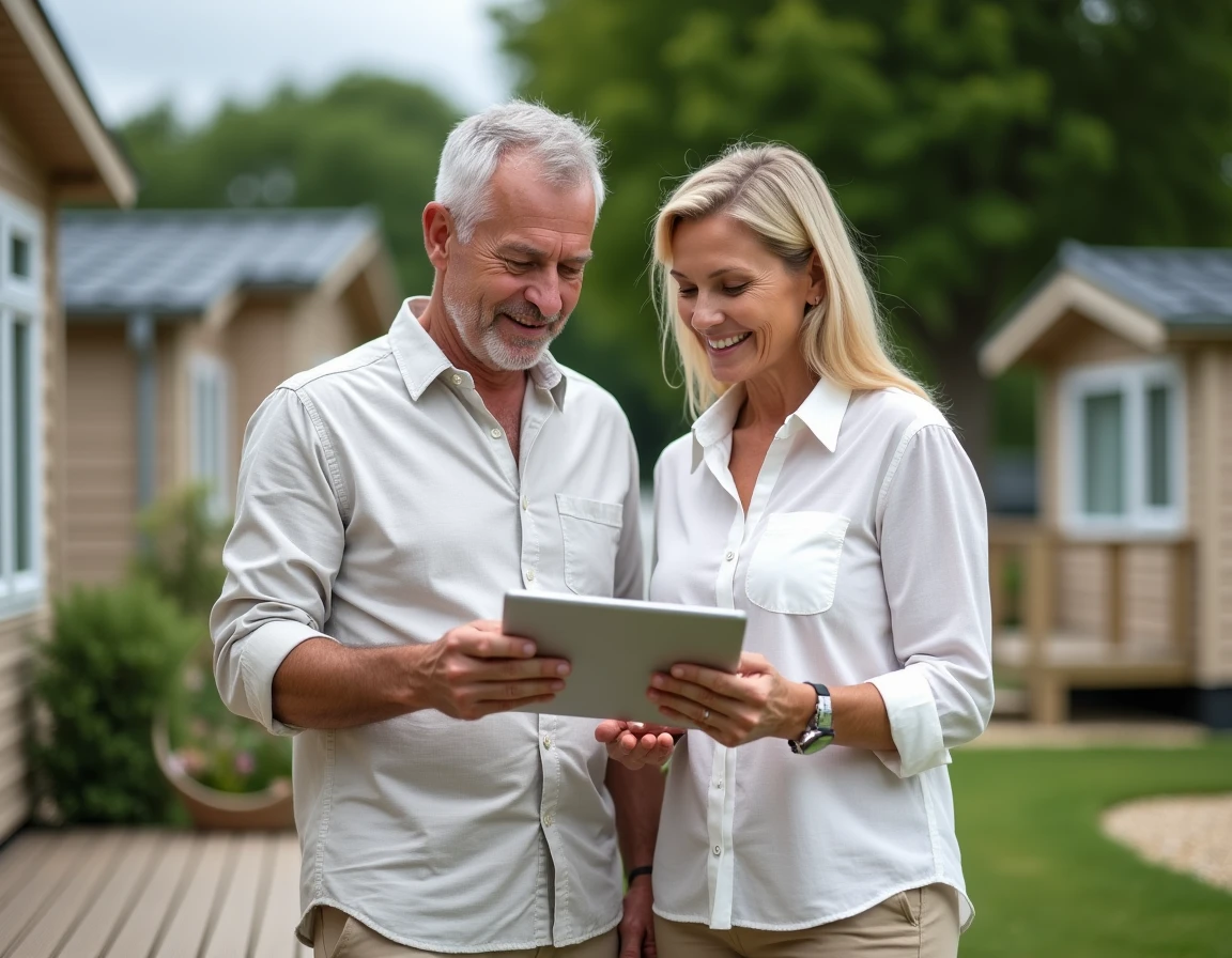 Couple de propriétaires consultant des documents sur leur mobil-home dans un camping en France, évoquant le statut LMNP en 2026