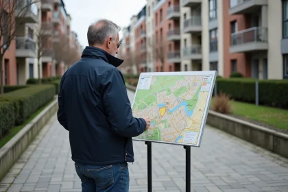 Homme d'âge moyen regardant une carte colorée dans le quartier Nord