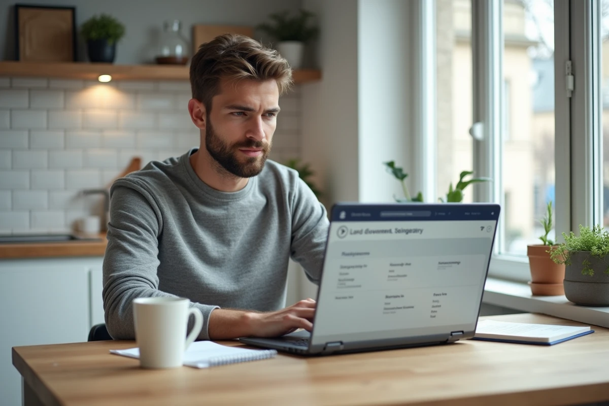 Homme recherchant le propriétaire d'une parcelle sur le site du cadastre en ligne depuis chez lui