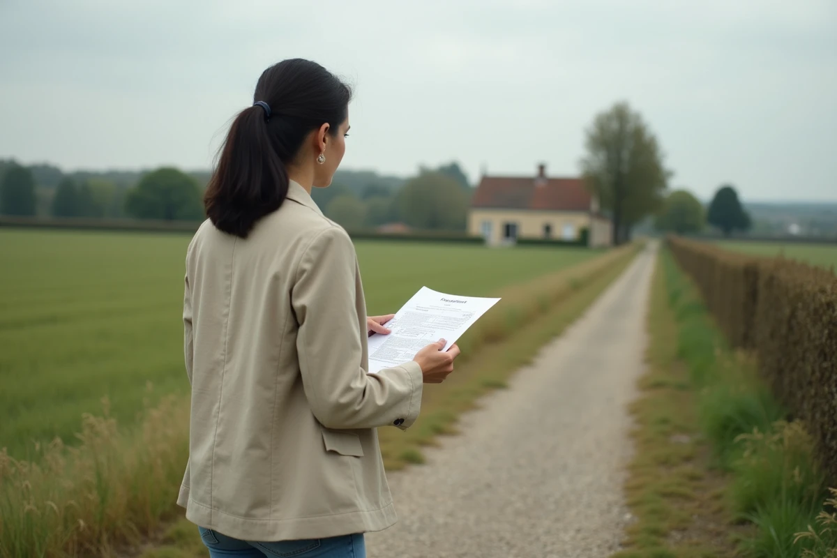 Femme consultant un document foncier devant une parcelle de terrain à vendre en milieu rural