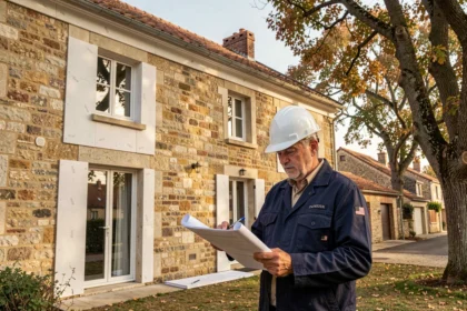 Un artisan en rénovation énergétique devant une maison girondine en cours d'isolation extérieure