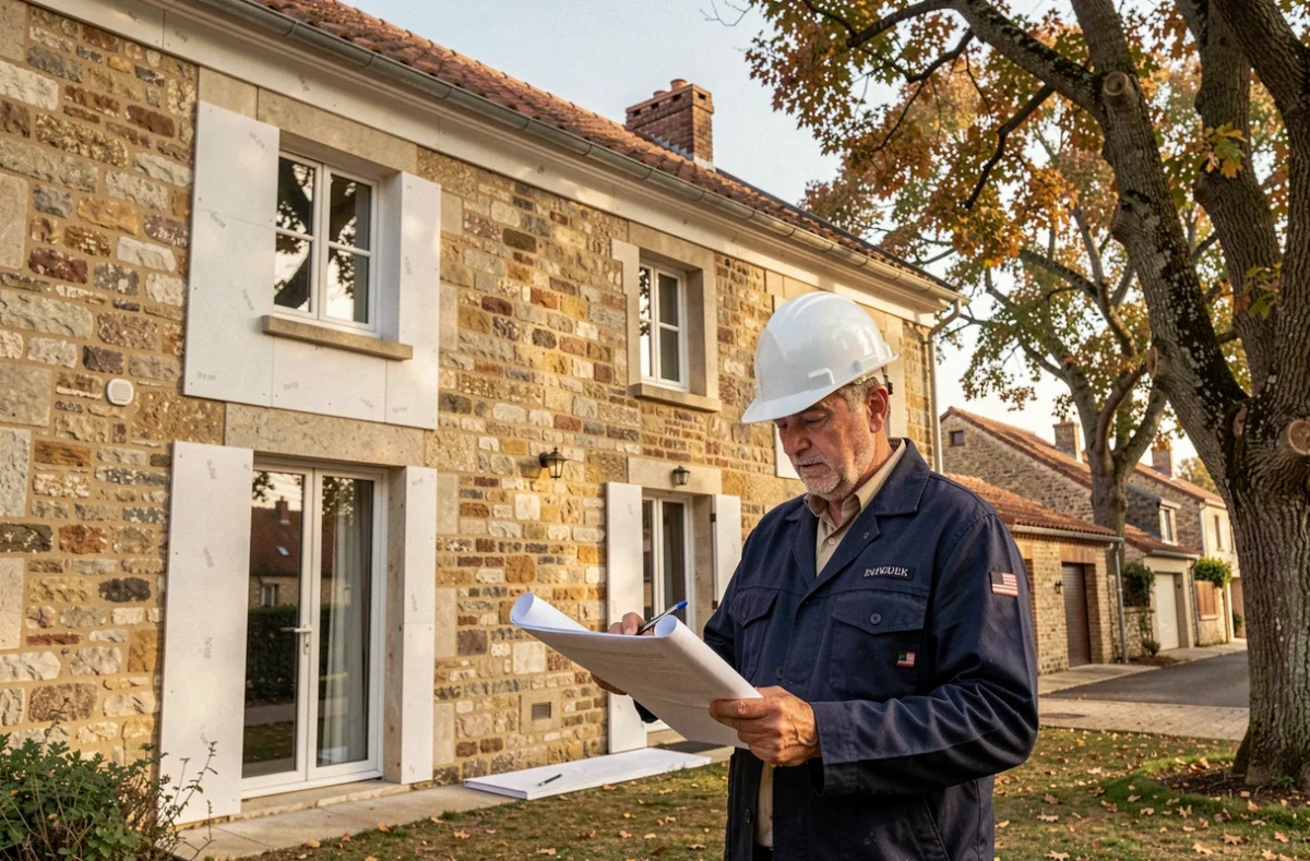 Un artisan en rénovation énergétique devant une maison girondine en cours d'isolation extérieure
