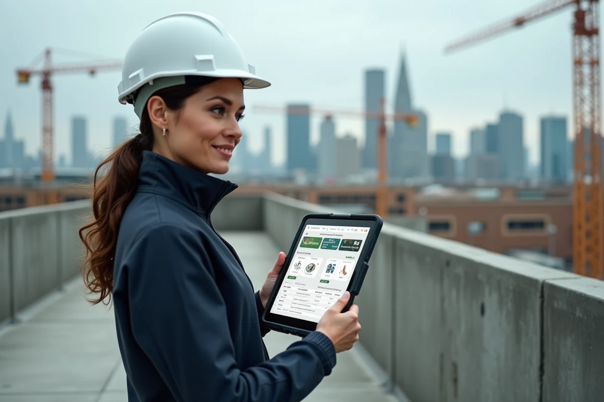 Responsable de projet immobilier sur chantier consultant un logiciel de suivi de construction sur tablette avec grues et structure en béton en arrière-plan