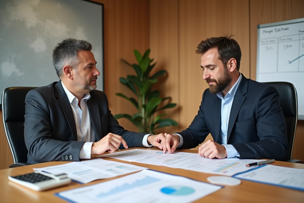 Deux professionnels de l'immobilier discutant de l'impact de la TVA sur la rentabilité d'une transaction