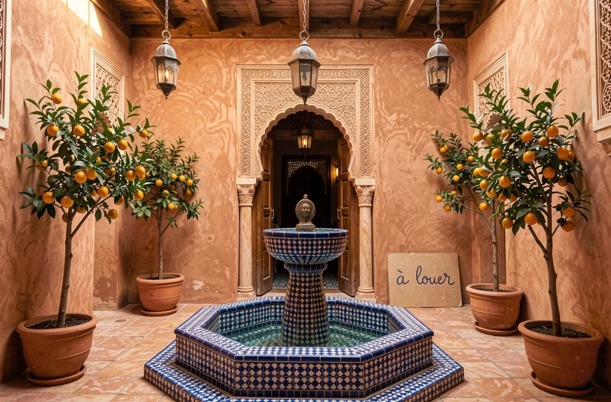 Cour intérieure d'un riad traditionnel à Essaouira avec panneau de location longue durée affiché