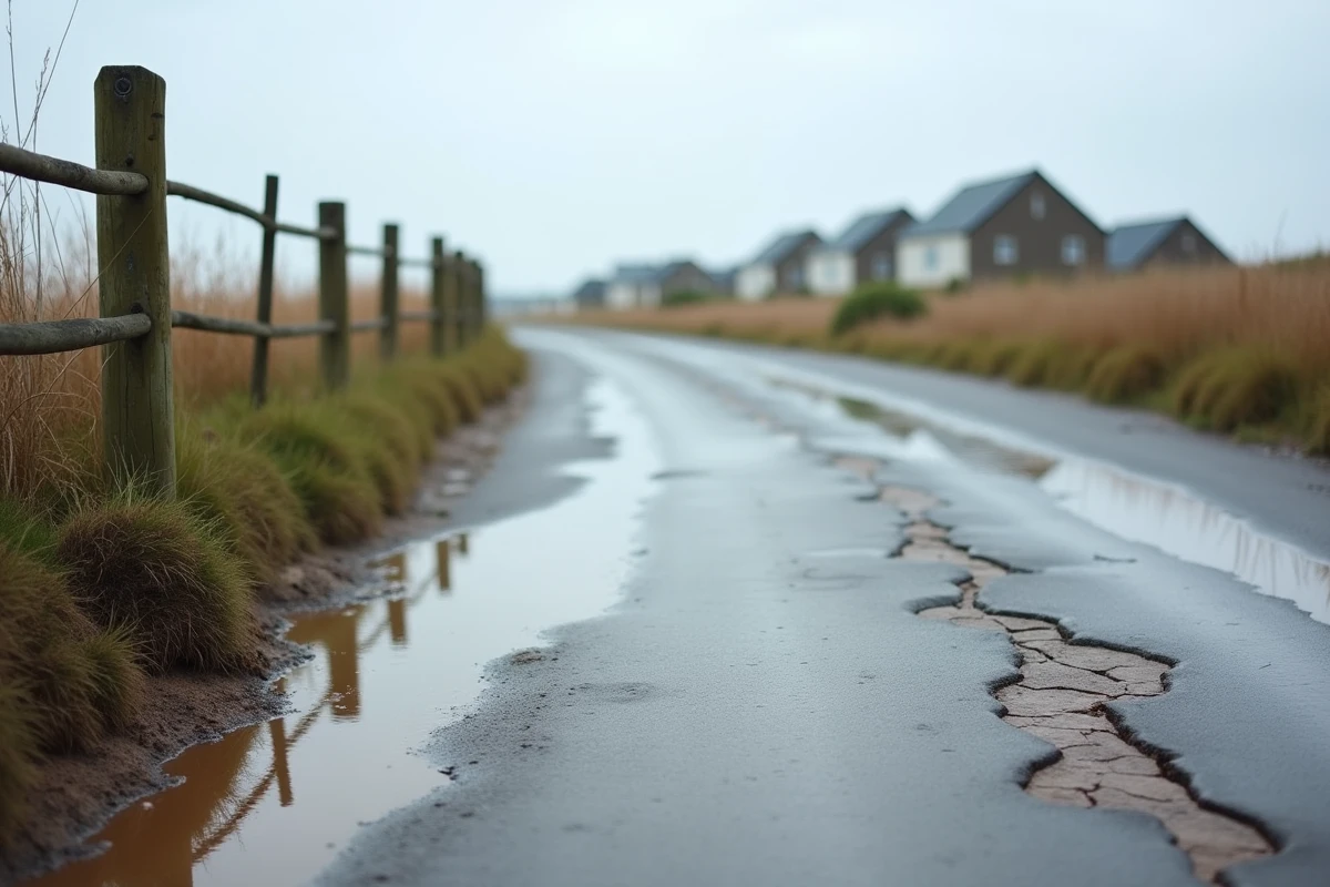 Route côtière inondée avec traces de submersion marine et dépôts de limon sur la chaussée