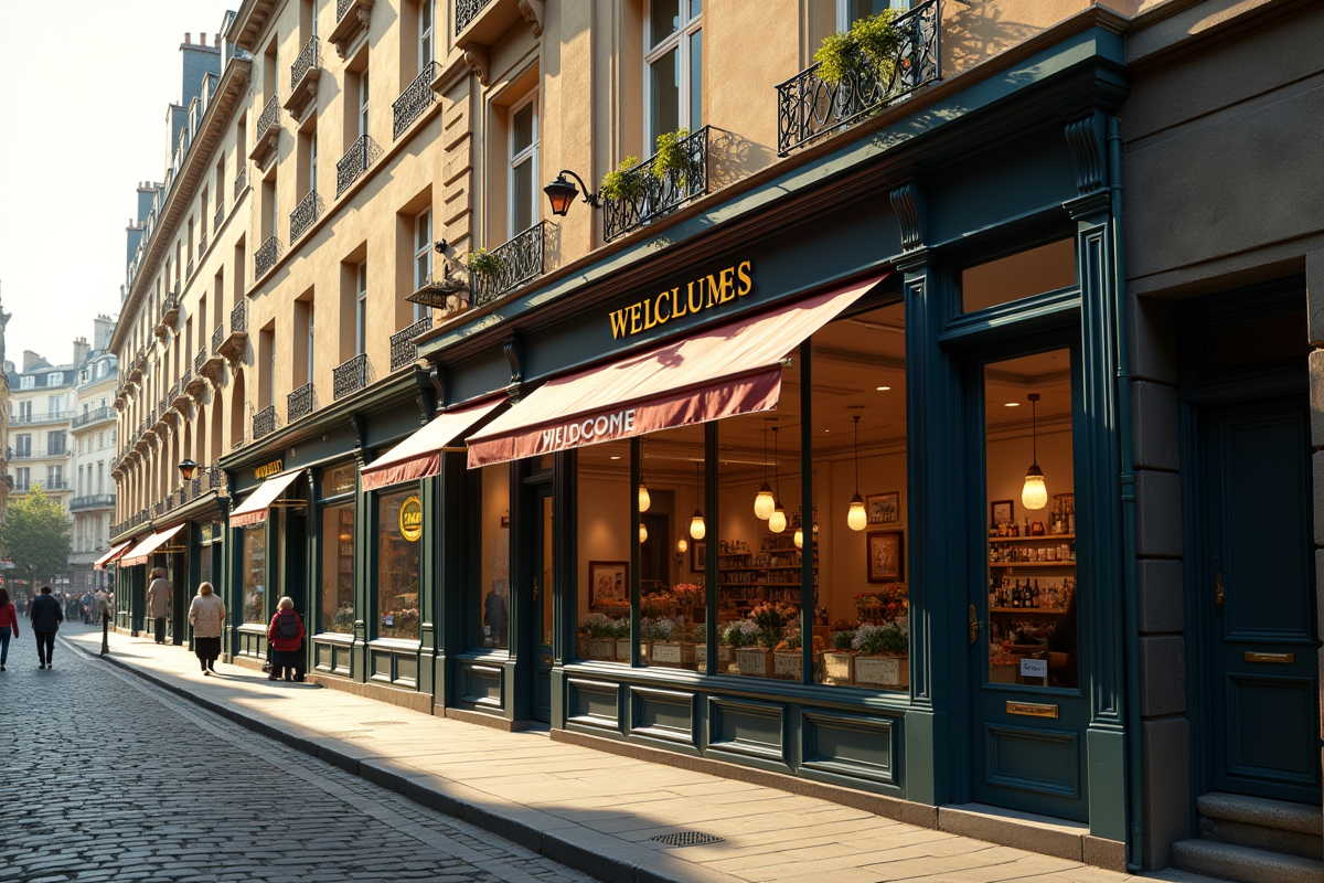 Rue parisienne avec immeubles haussmannien et boutique accueillante
