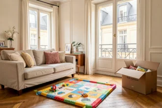 Salon lumineux avec tapis d'éveil pour bébé et cartons de déménagement