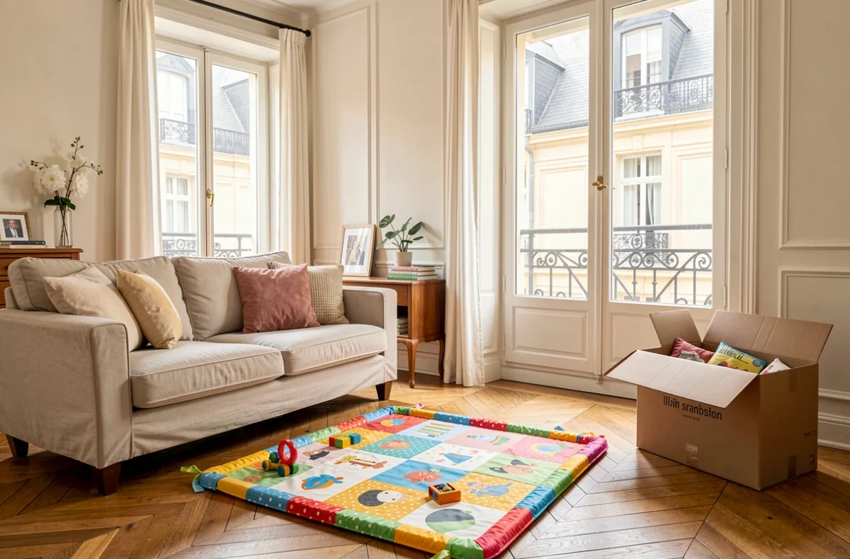 Salon lumineux avec tapis d'éveil pour bébé et cartons de déménagement