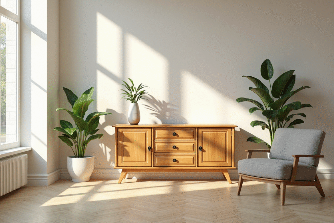 Salon lumineux avec meuble ancien restauré et plantes vertes
