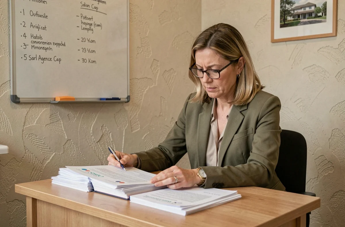 Gestionnaire de Sarl Agence Cap examinant des dossiers de copropriété dans son bureau