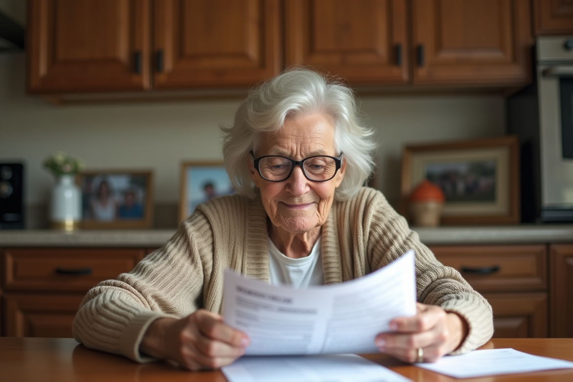 Femme senior lisant des documents d'impots dans sa cuisine