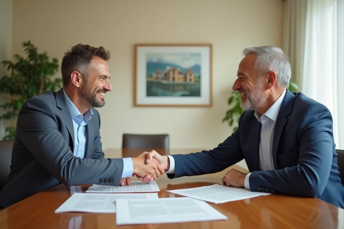 Signature d'un acte notarié entre un marchand de biens et un notaire, représentant les frais et obligations légales de la transaction