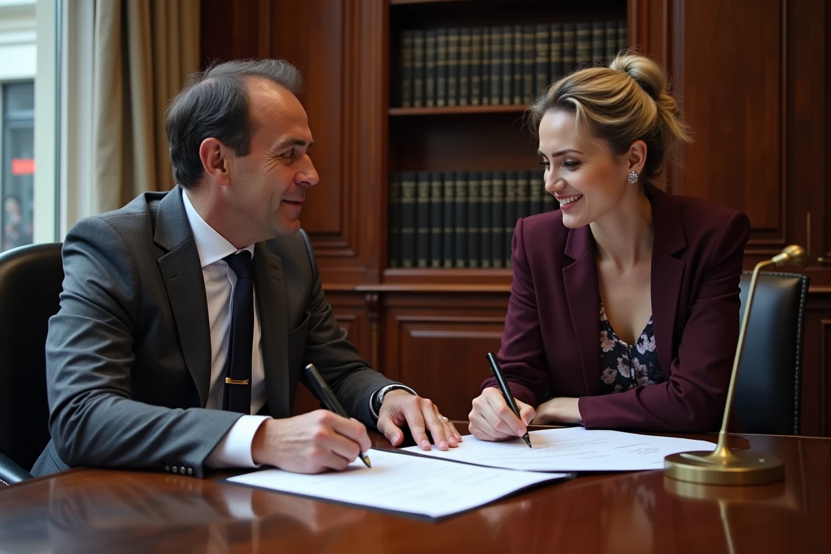 Signature d'un acte de vente immobilière chez le notaire avec documents de TVA et calcul des marges pour marchand de biens