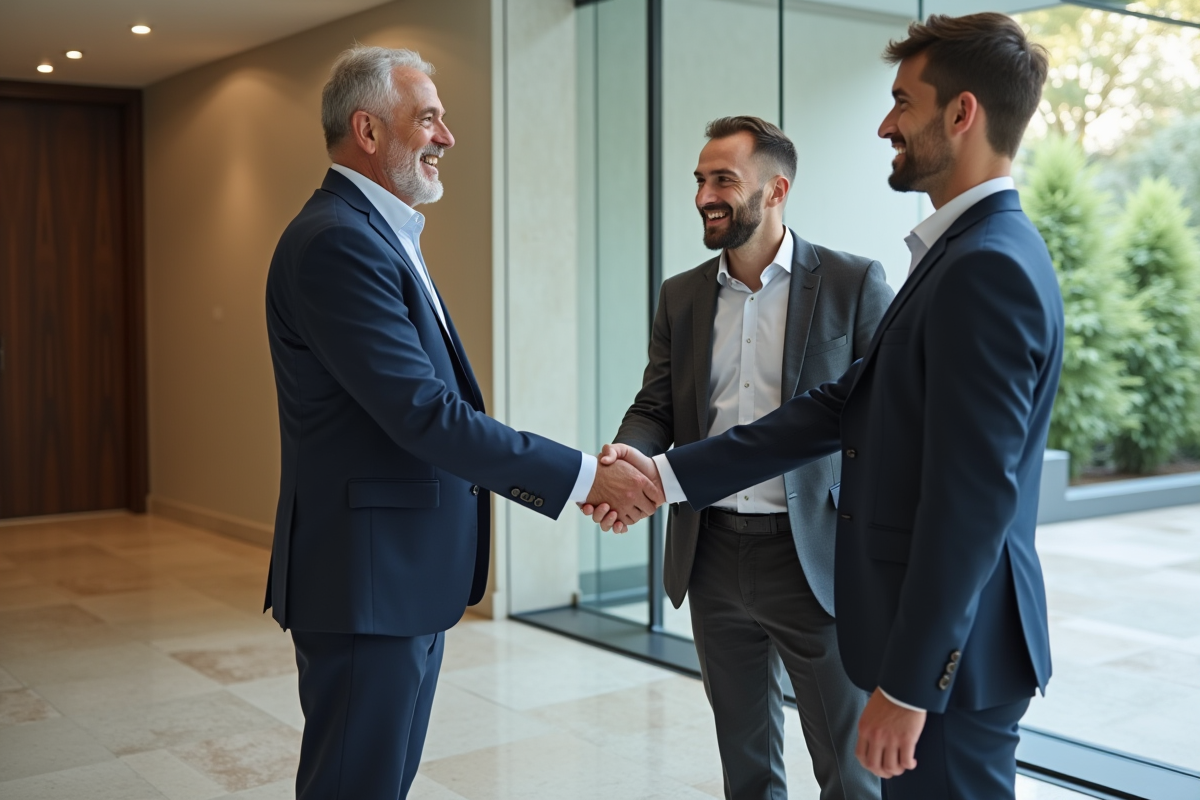 Homme et couple signant un contrat de location dans un hall