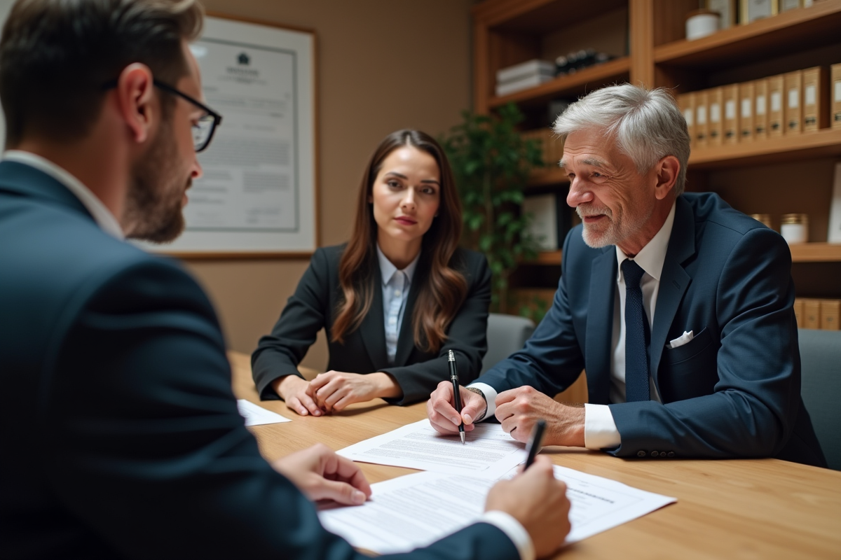 Jeune couple signant un contrat chez le notaire
