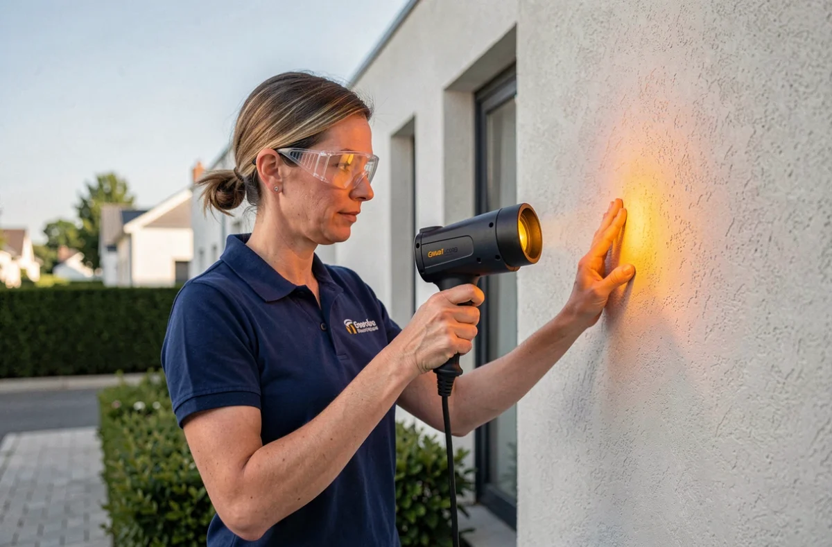 Une auditrice énergétique de l'entreprise Siphem utilisant une caméra thermique sur une façade résidentielle en Gironde