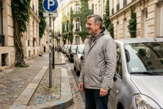 Homme garant sa voiture dans une rue résidentielle du 20ème arrondissement de Paris près de la rue Sorbier