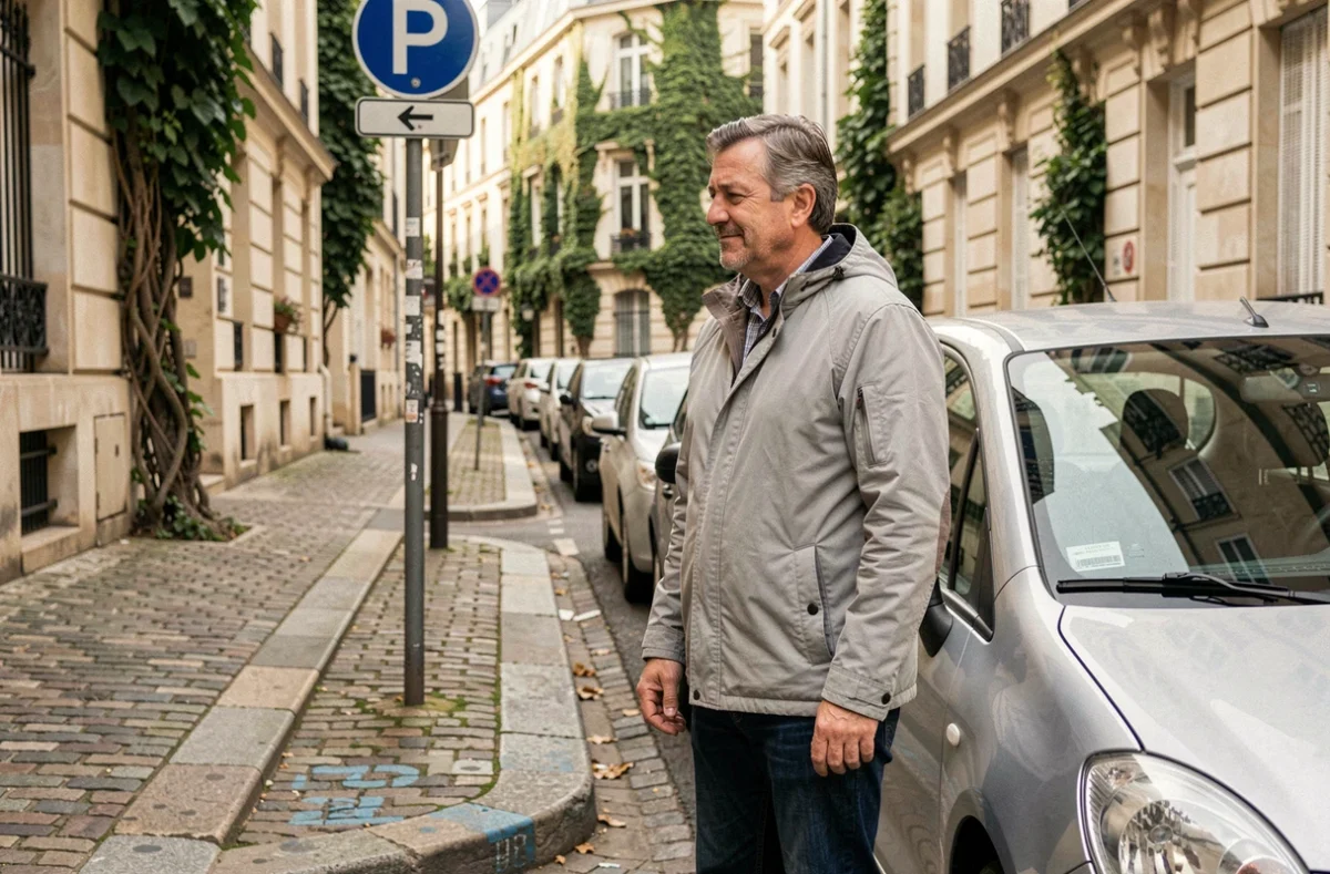 Homme garant sa voiture dans une rue résidentielle du 20ème arrondissement de Paris près de la rue Sorbier
