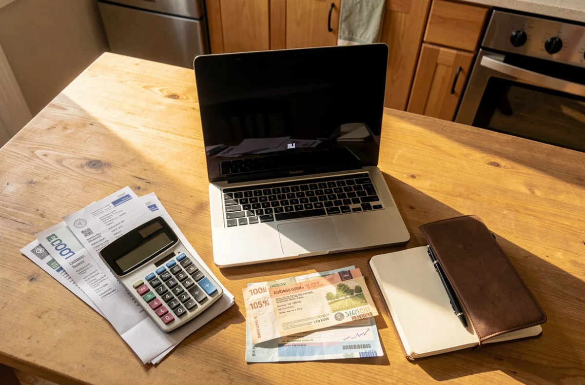Table de cuisine avec ordinateur, calculatrice et bulletins de salaire
