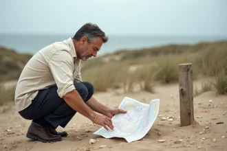 Homme examinant une carte topographique sur un terrain côtier avant achat, risque de submersion marine