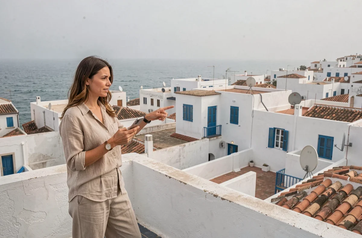Femme expatriée sur une terrasse à Essaouira cherchant un appartement en location longue durée sans agence