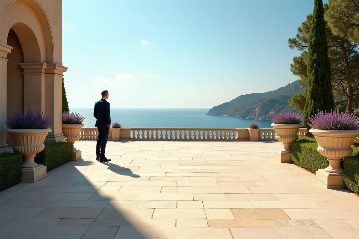 Terrasse panoramique d'une villa historique de la Côte d'Azur avec agent de sécurité privé surveillant la propriété