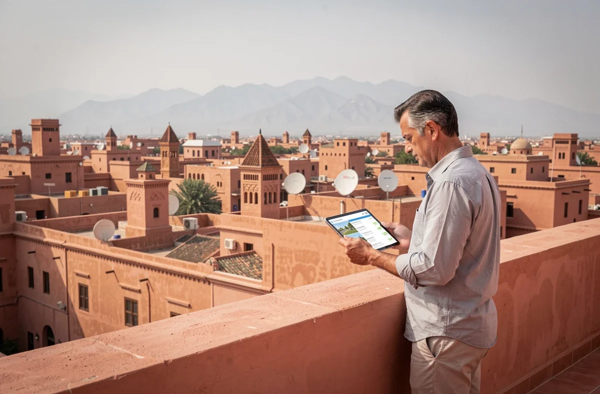 Vue panoramique depuis une terrasse de Marrakech avec acheteur consultant des annonces immobilières près du centre-ville