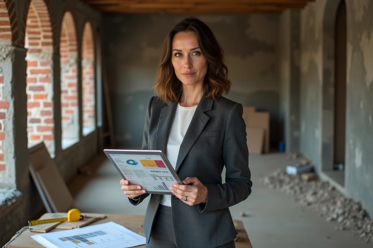 Professionnelle de l'immobilier consultant des données de TVA sur tablette dans un appartement en rénovation
