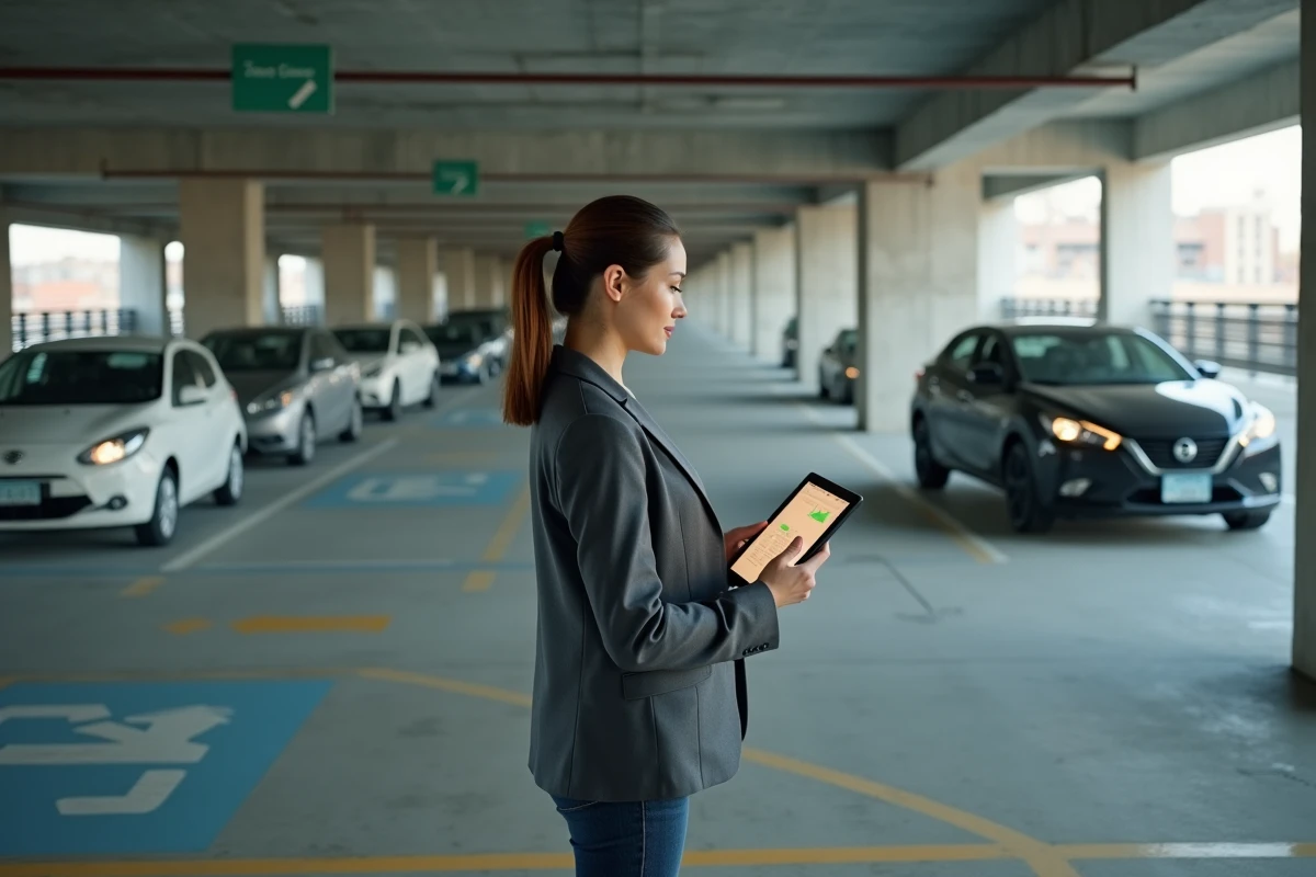Urbaniste mesurant l'espace d'une place de parking dans un parking souterrain moderne