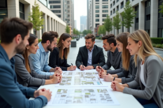 Groupe d'urbanistes et architectes en réunion extérieure