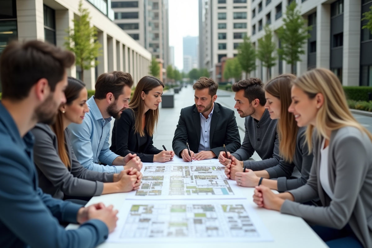 Groupe d'urbanistes et architectes en réunion extérieure