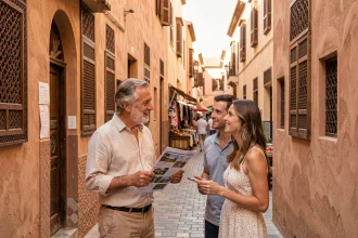 Agent immobilier présentant un appartement à vendre à Marrakech dans la médina à un couple d'acheteurs européens