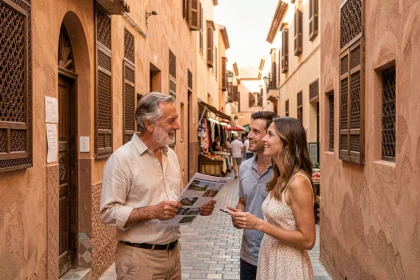 Agent immobilier présentant un appartement à vendre à Marrakech dans la médina à un couple d'acheteurs européens