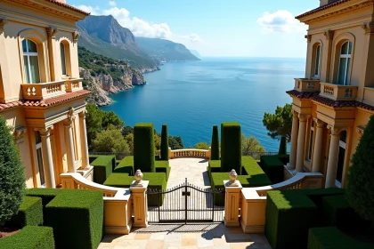Vue panoramique de la Villa Leopolda sur la Côte d'Azur avec jardins méditerranéens et mer en arrière-plan
