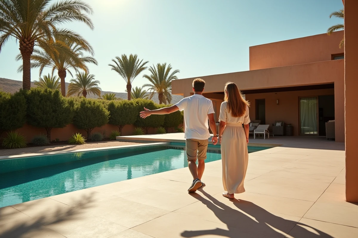 Couple visitant le jardin et la piscine d'une villa moderne à vendre dans la Palmeraie de Marrakech