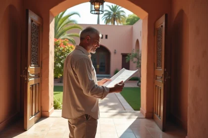 Homme examinant les plans d'une villa à vendre à Marrakech devant une entrée traditionnelle en bois sculpté