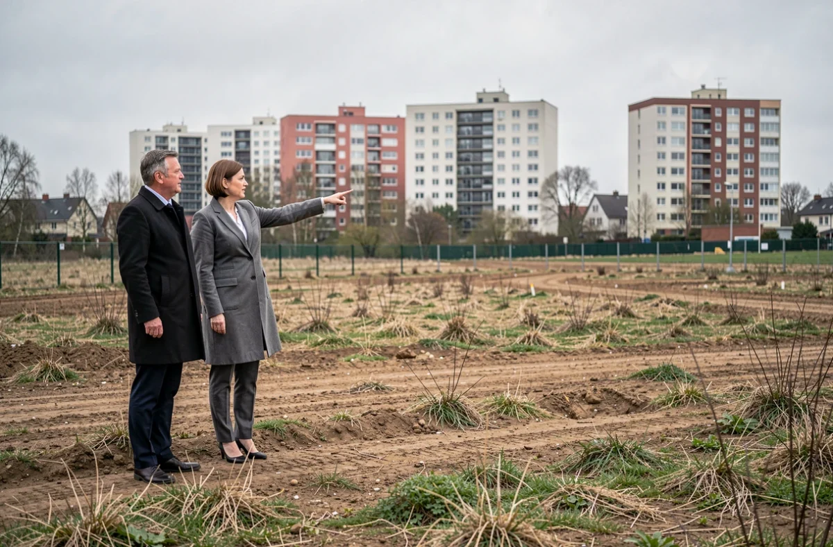 Promoteur immobilier et conseillère foncière debout sur un terrain constructible en zone périurbaine lors d'une visite d'expertise