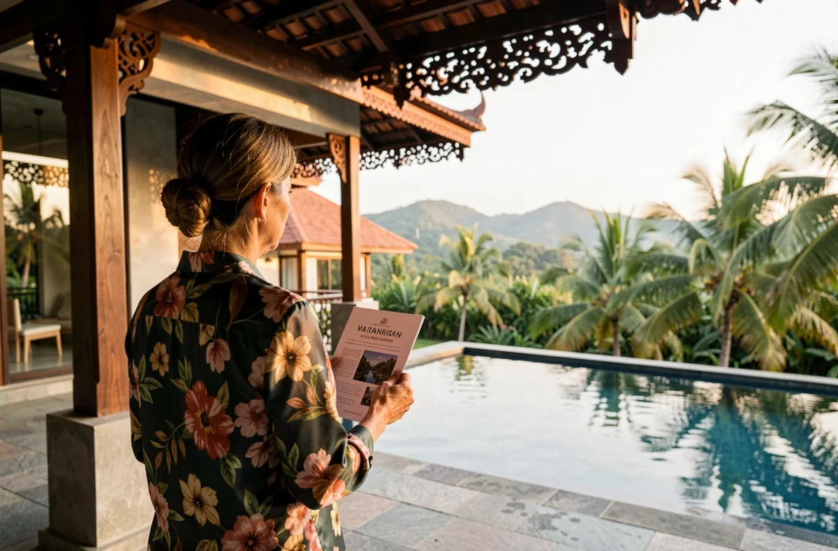 Femme occidentale visitant une villa de luxe en vente en Thaïlande avec piscine privée et architecture traditionnelle thaï