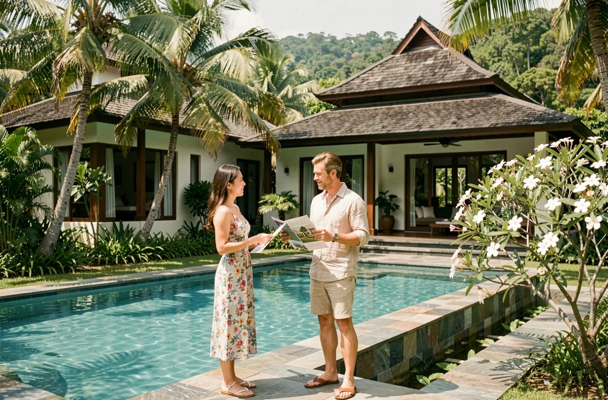 Couple visitant une villa avec piscine à Koh Samui pour évaluer le potentiel de rendement locatif avant achat